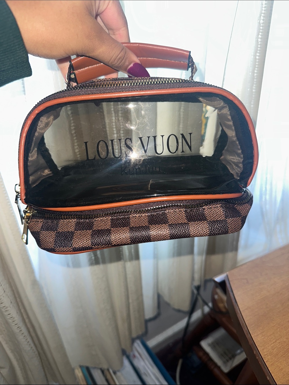 Brown Checkered Clear Top Handle Cosmetic Bag